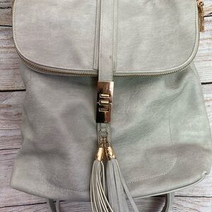 Light Gray Backpack with Flap Top and Gold Turn-Lock Closure